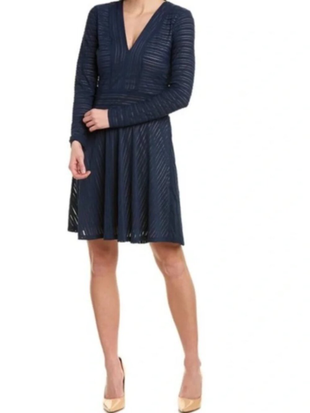 BCBGMaxAzria Navy Textured V-Neck Long Sleeve Fit & Flare Dress